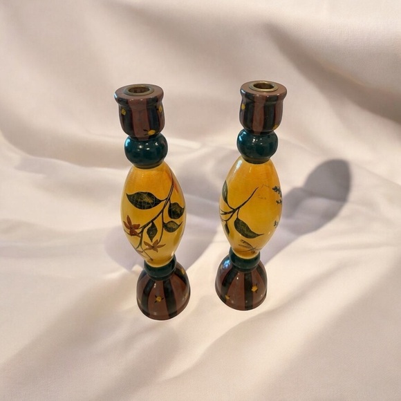 (2) Beautifully Hand Painted Wooden Candle Holders signed by Artist. - Picture 1 of 8
